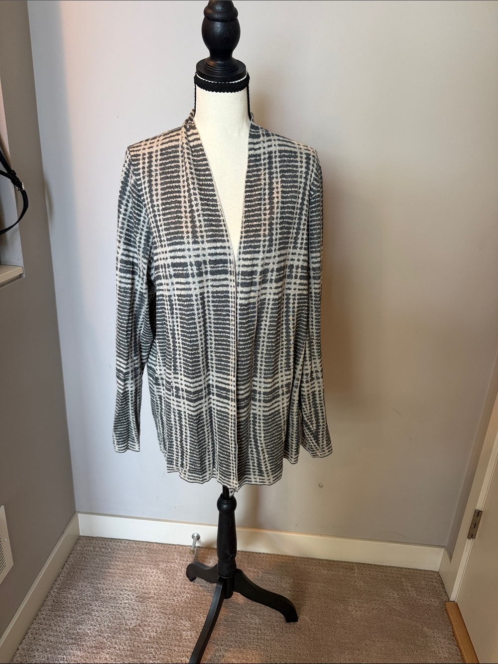 Eileen Fisher Plaid Open-Front Cardigan in Black and Cream